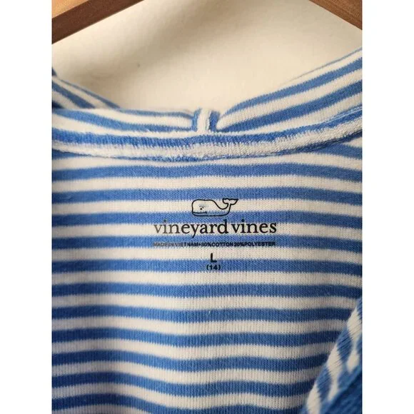 Vineyard Vines blue white stripe terry cloth hooded dress L 14 girls